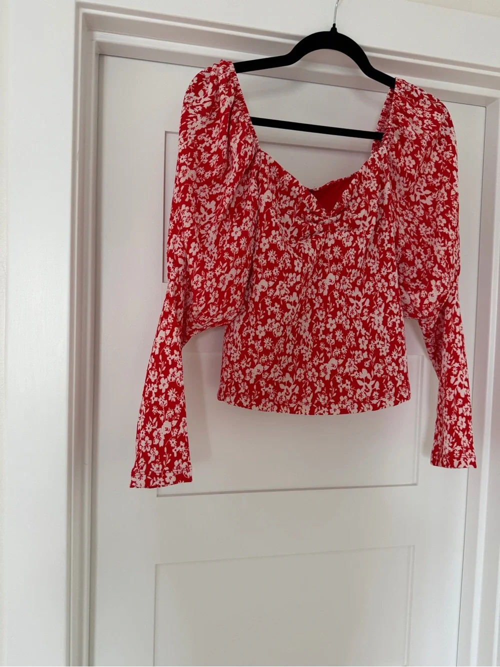 Anthropologie Red and White Floral Square-Neck Sweatheart Blouse